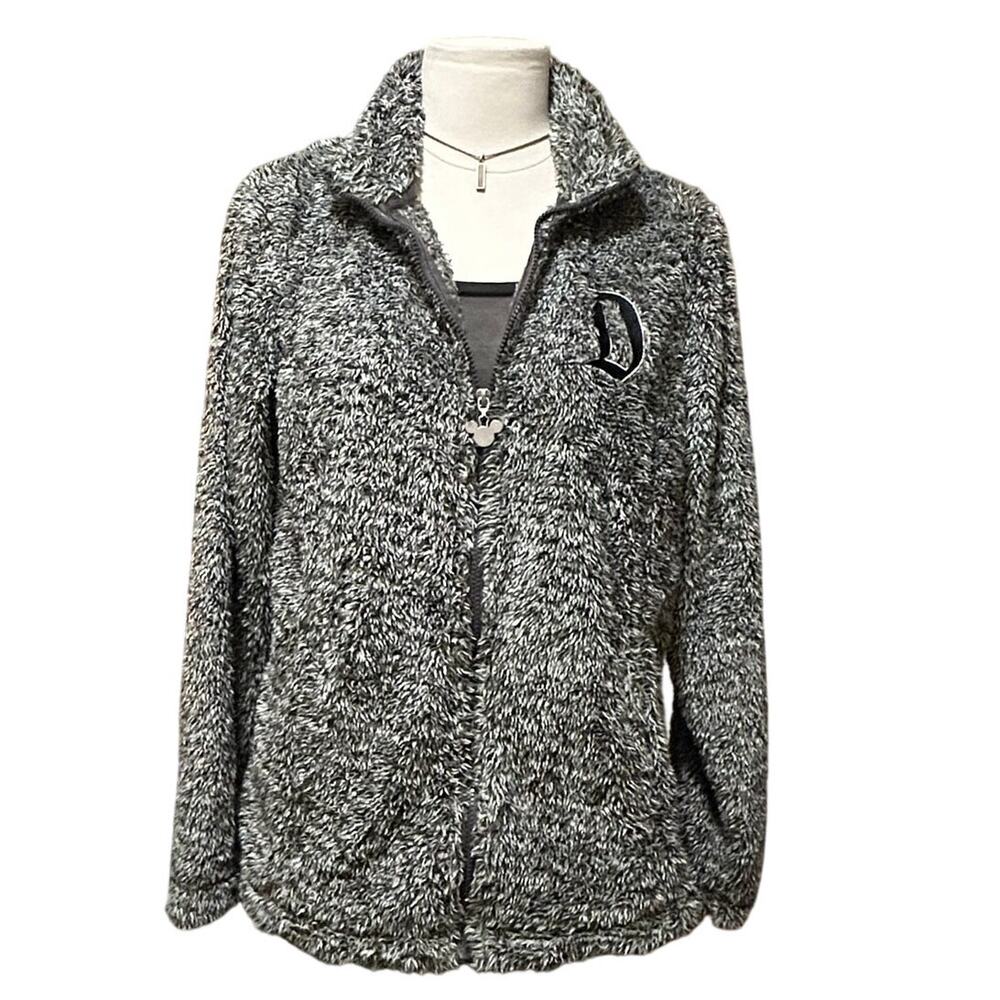 Disney Mickey Mouse Faux Fur Jacket Black Gray WhiteZip Front M